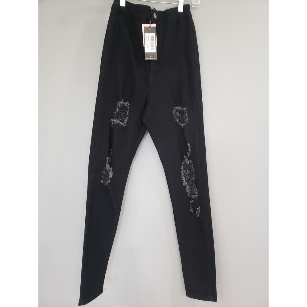 NEW Pretty Little Thing‎ US 6 Disco Denim Skinny Fit Jeans Ripped Solid Black